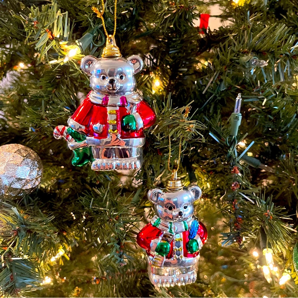Vintage Kitsch Christmas Ornaments Plastic Set Of 2 Holiday Bears